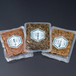 北信濃日記のセットに入っている門前みそ店「すや亀」のお漬物。左から醤油豆「黒豆っ子」、野沢菜炒り菜、きざみ味噌漬け